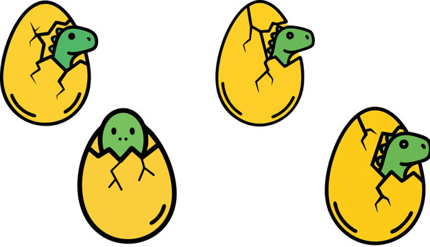 Cute baby dinosaur hatching from yellow eggs, set of 4 cartoon dino characters, green prehistoric reptiles in cracked shells, flat vector illustration
