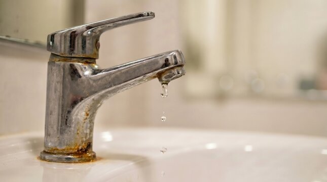 Close-up of a corroded chrome faucet steadily dripping water into a white sink, symbolizing water waste, the urgency of plumbing repair, and neglected home maintenance issues