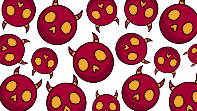 Pattern featuring multiple cute red cartoon skulls with yellow eyes