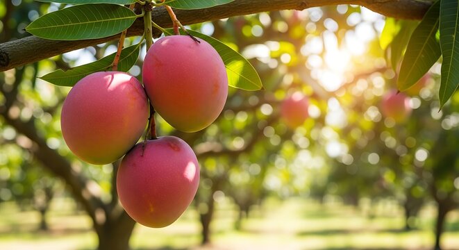 Ripe pink mangoes hanging from tree branch with green leaves in sunny orchard with blurred background