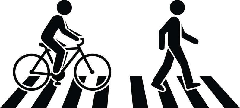 Pedestrian bicycle crossing illustration, safety icon showing person walking and pushing bike across crosswalk for road awareness and traffic design.