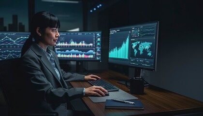 Fototapeta premium Data Analyst at Work: A focused data analyst, immersed in the digital realm, monitors intricate data visualizations on multiple screens, her expertise radiating through the atmosphere.