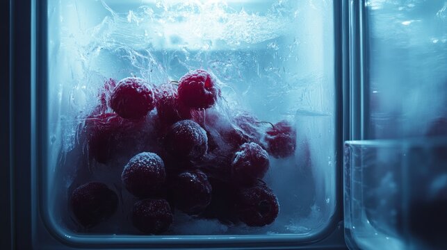Close-up of a clear freezer compartment filled with frozen raspberries, encased in ice