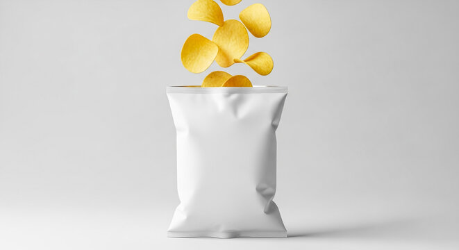 A generic white snack packaging bag, perfect for branding mockups, showcases a delicious cascade of crispy potato chips falling into its open top, ready for customization and product presentation.