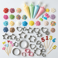Fototapeta premium Baking Supplies: Assortment of Cookie Cutters, Sprinkles, and Piping Bags for Desserts