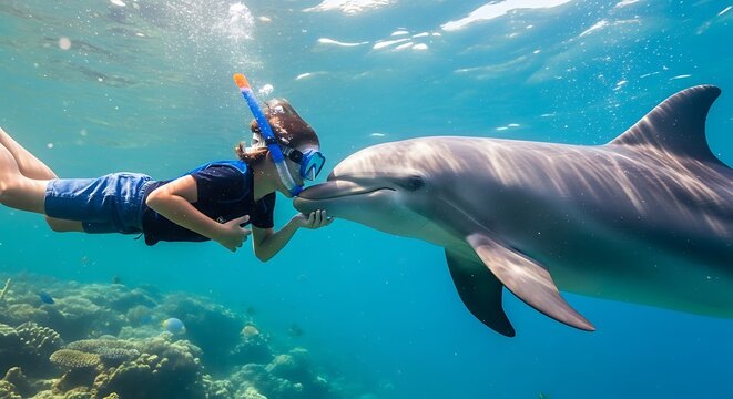 A person snorkeling underwater interacts with a dolphin near coral reef.