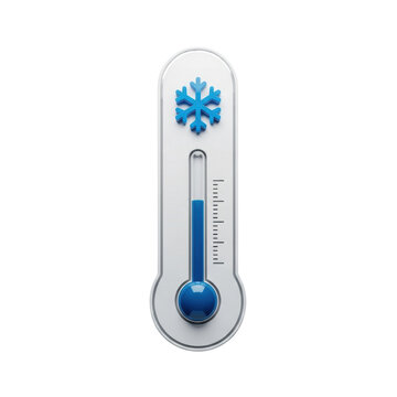A stylized, photorealistic acrylic thermometer icon with a deep cyan-blue liquid indicating sub-zero cold, isolated on a transparent background, overhead view. Concept of scientific cold temperature