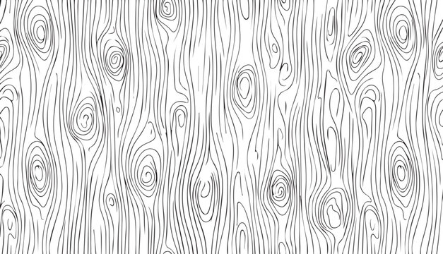 Seamless wood grain texture, hand drawn timber pattern vector, organic black and white wooden line art background for interior design