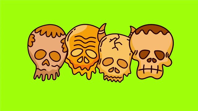 Row of four different stylized skulls on a green background
