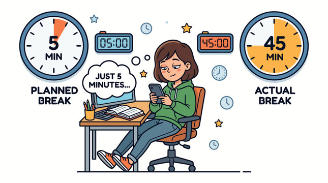 Illustration of a young woman procrastinating on her phone with a planned five minute break turning into forty-five minutes