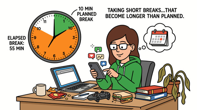 Concept of taking a short break that turns into long-term procrastination while working or studying