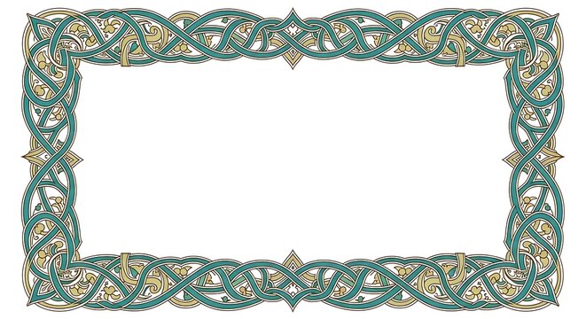 Celtic knotwork border frame with gold and green design on white background