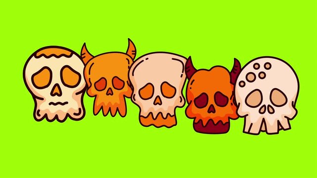 Group of five different colored cartoon skulls in a row