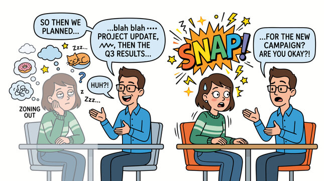 Illustration of a woman zoning out during a boring meeting and being snapped back to reality by a colleague