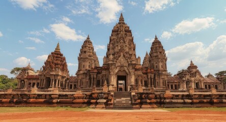 Naklejka premium Impressive ancient temple with ornate spires, intricate carvings, & steps under a sunny sky