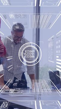 Vertical video: Mgr tapping tablet, HUD updating over PC, team joining and reviewing business plan