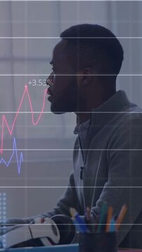 Vertical video: Analyst at desk, hands typing keys and animating finance charts for market insight