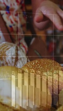 Vertical video: Customer reaching, hovering and touching rolls while overlays growing to show sales