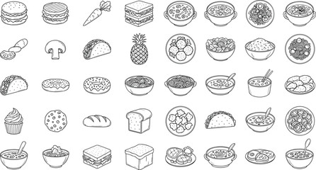 Fototapeta premium Black and White Food Vector Collection Featuring Burgers, Sandwiches, Desserts, Vegetables, and Culinary