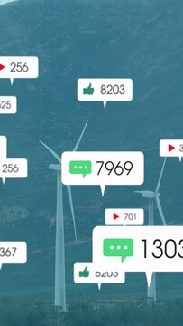 Vertical video: 1 green bubble appearing urging metrics drifting over 2 turbines showing engagement
