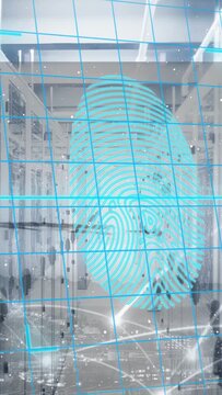 Vertical video: Grid activating, cyan fingerprint growing over servers, signaling secure access