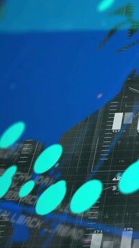 Vertical video: Teal particles drifting, HUD bars pulling back and tilting, showing numeric trends