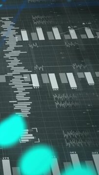 Vertical video: HUD showing charts after camera tilt, moving map, teal dots and numbers for trends