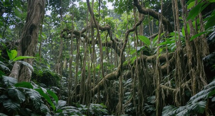Obraz premium Lush, verdant rainforest scene with hanging vines, large tree branches, and abundant foliage