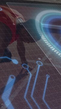 Vertical video: Teen runner shifting from crouch to ready on track, AR HUD appearing guiding sprint