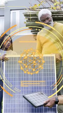 Vertical video: Tech kneeling tapping module, teaching family wiring solar panel, HUD showing power