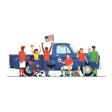 A minimalist scene of a diverse group of soccer fans tailgating next to a vintage pickup truck in an American parking lot, holding a soccer ball and a small grill, bright daylight, festive mood,