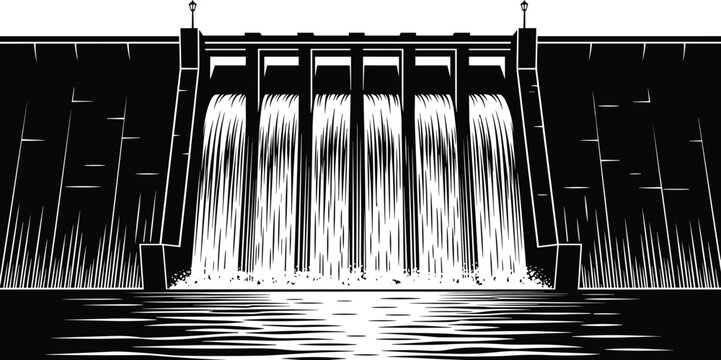 Hydroelectric dam vector landscape with powerful water flow through spillways.