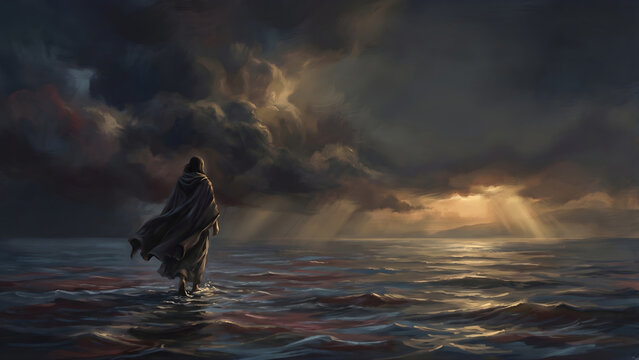 Jesus Walking Across Stormy Sea at Sunset Digital Painting