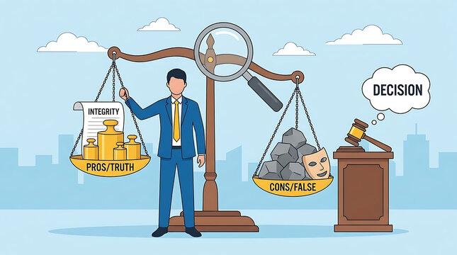 Professional Businessman Evaluating Ethical Integrity and Honest Truth Using Balance Scale to Compare Pro Con Disadvantage or Advantage for Moral Decision Making Concept