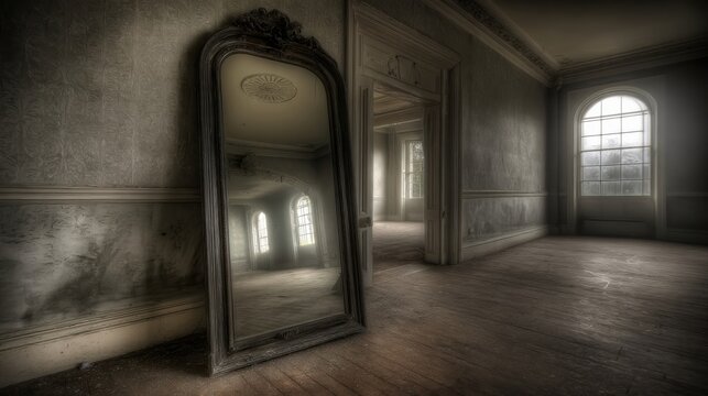 Ornate vintage full-length mirror reflecting an abandoned ballroom interior filled with light and shadows