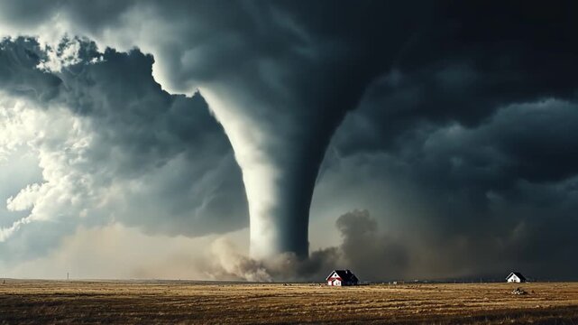 Massive Tornado Touching Down in Rural Landscape Under Stormy Skies