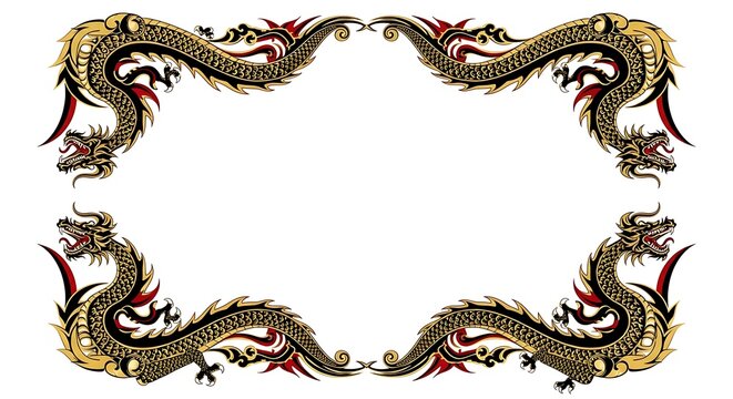 An intricate dragon border frame with golden, red, and black scales on a white background for illustrations.