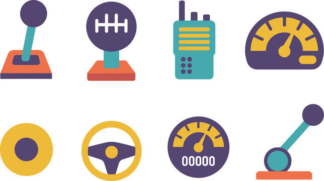 Vehicle control icons set illustration, gear shift joystick speedometer steering wheel radio symbols, automotive dashboard elements, flat vector design