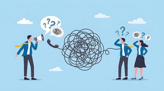 Frustrated businessman dealing with bad communication misunderstanding and confusion at work, navigating through a messy chaos of tangled phone lines and unclear messaging information concept.