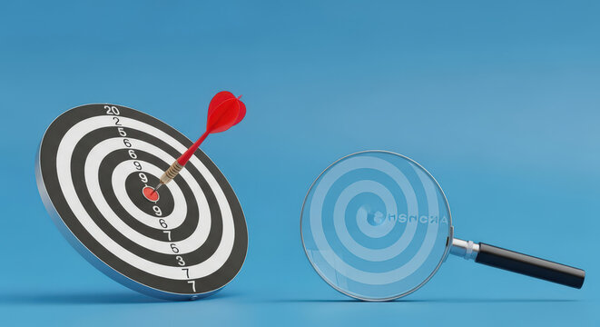 Target Success Aim Goal With Dart Hitting Center Metaphor Objective Achievement Strategy Focus Magnifier Concentric Circle Blue Background