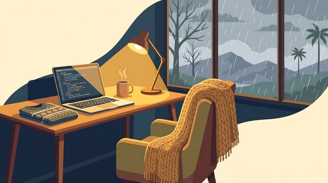 Winter Comfort: Cozy Coding Workspace by a Rainy Window