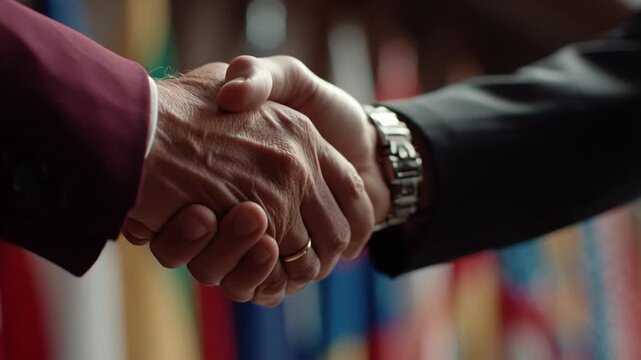 Close-up of two businesspeople shaking hands with a blurred colorful background, conveying a sense of agreement or partnership.