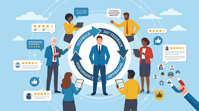 Professional businessman reviewing 360 degree performance appraisal feedback and employee evaluation survey results for corporate career growth and workplace quality rating assessment.