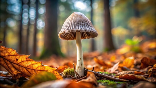 A photo of a decaying common ink cap mushroom on a damp forest floor, with fallen leaves surrounding it and a hint of mold visible on the surface The