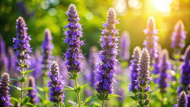A photo of hyssop flowers blooming with a lush green background