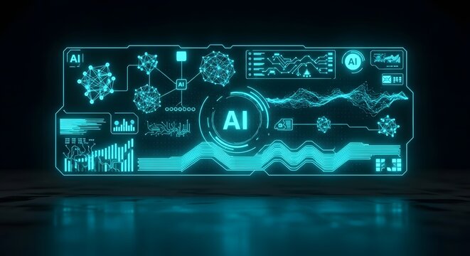 Blue artificial intelligence dashboard with network graphs and charts