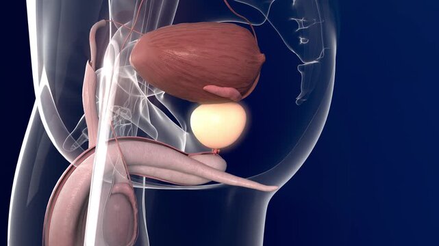 Prostate gland, gonads, hormone secretion. Anatomy of the male reproductive and endocrine systems. Reproductive system health, endocrine system diseases, 3D animation. 4K.