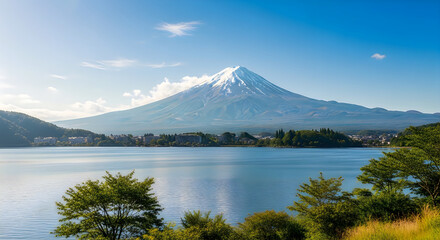 Obraz premium Snow-capped Mount Fuji over serene lake with lush greenery