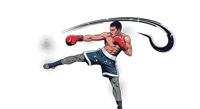 Male kickboxer performing a dynamic leg sweep kick with red boxing gloves