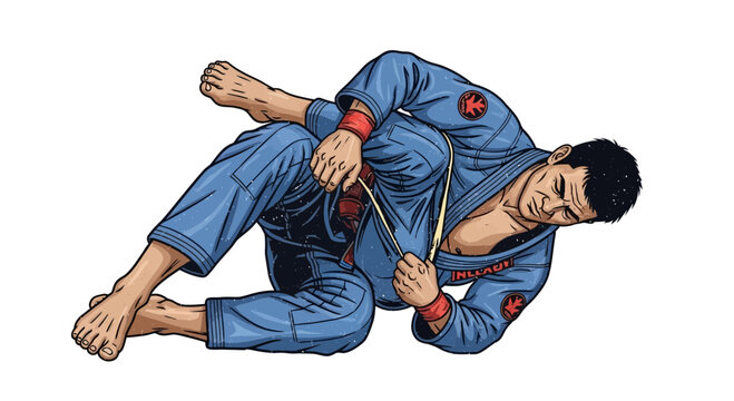 Martial artist in blue gi performing grappling technique on white background